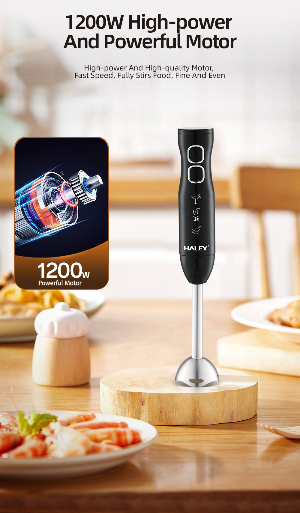 Blender Vertical HALEY 1200W, Lame Inox, 2 Viteze, Motor Silențios, Mâner Anti-Alunecare, Design Compact 37cm